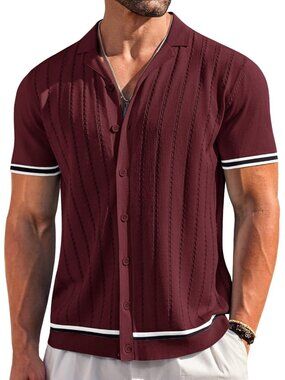 Men's Dark Red Short Sleeve Knit Casual Button Down Vintage Striped Top Shirt